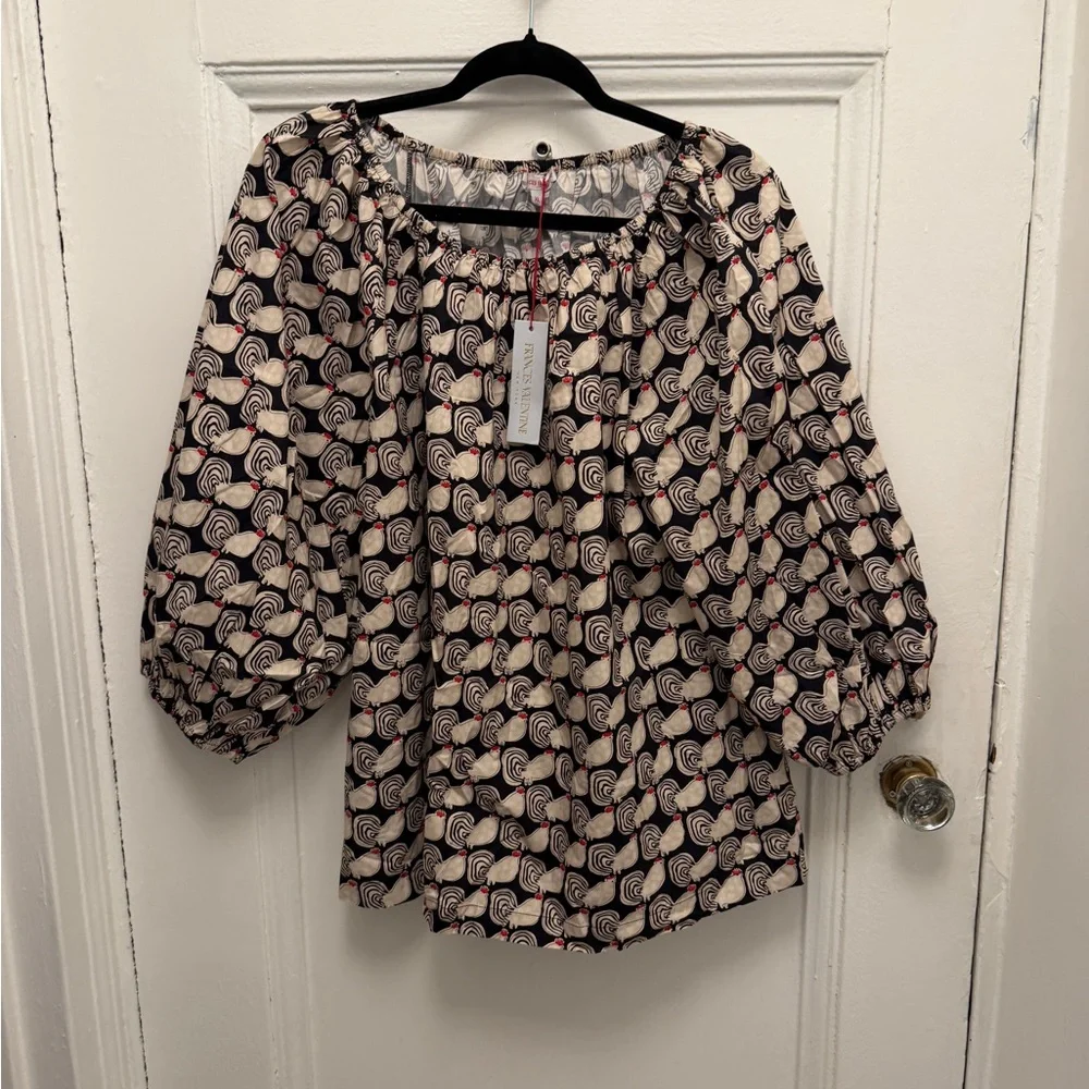 NWT FV Peasant Blouse with Print - Black & Cream with a hint of red - Picture 1 of 5
